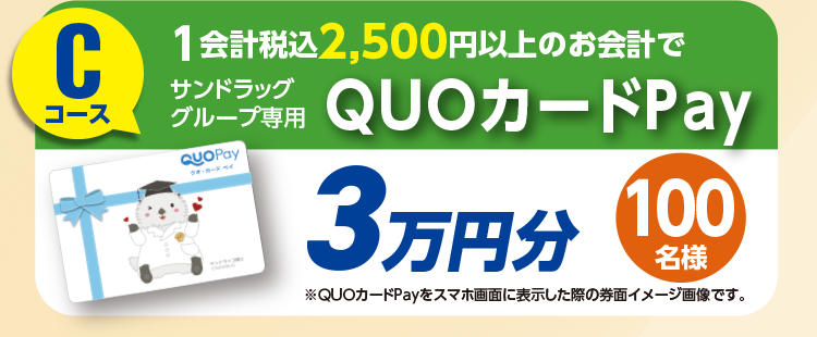 Cコース 1会計税込2,500円以上のお会計でサンドラッググループ専用QUOカードPay3万円分 100名様