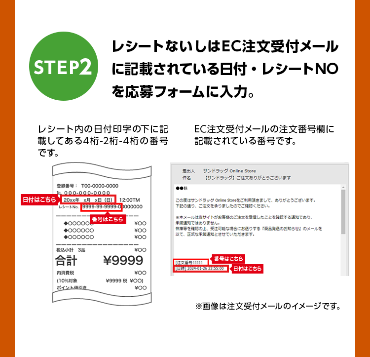 STEP2 レシートないしはEC注文受付メールに記載されている日付・レシートNOを応募フォームに入力。