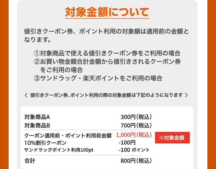対象金額について 値引きクーポン券、ポイント利用の際の対象額は適用前の金額となります。 ①対象商品で使える値引きクーポン券をご利用の場合 ②お買い物金額合計金額から値引きされるクーポン券をご利用の場合 ③サンドラッグ・楽天ポイントをご利用の場合 値引きクーポン券、ポイント利用の際の対象金額は下記のようになります 対象商品A 300円（税込） 対象商品B 700円（税込） クーポン適用前・ポイント利用前金額 1,000円（税込）※対象金額 10%割引クーポン -100円 サンドラッグポイント利用100pt -100ポイント 合計 800円（税込）