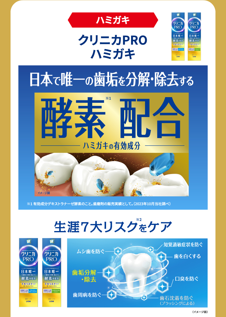 ハミガキ　クリニカPROハミガキ　日本で唯一の歯垢を分解・除去する酵素配合　生涯7大リスクをケア