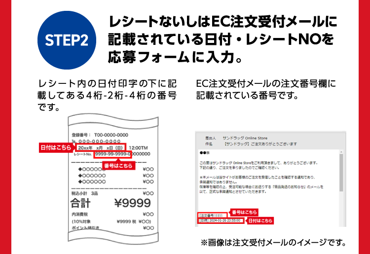 STEP2 レシートないしはEC注文受付メールに記載されている日付・レシートNOを応募フォームに入力。