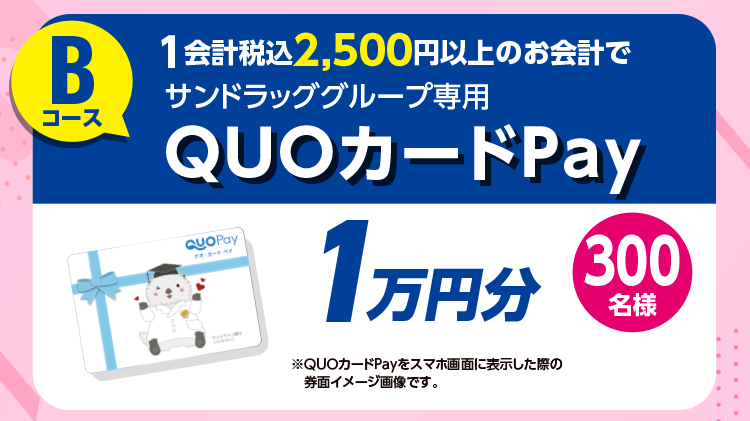 Bコース 1会計税込2,500円以上のお会計でサンドラッググループ専用QUOカードPay 1万円分
