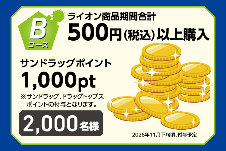 Bコース ライオン商品期間合計500円（税込）以上購入 サンドラッグポイント1,000pt 2,000名様